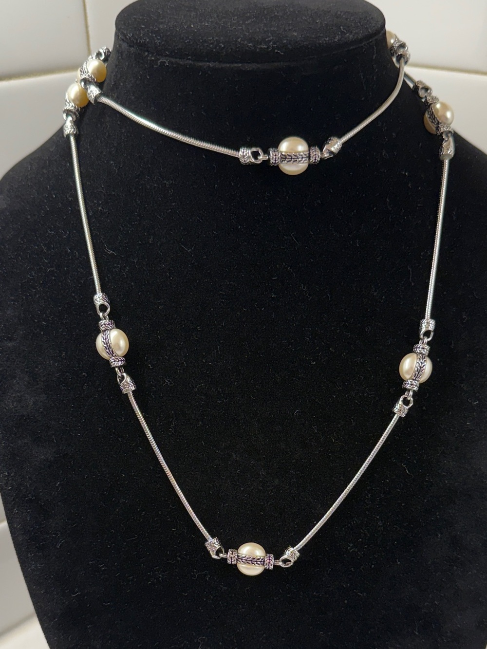 Vintage Long Faux Pearl Station Necklace Silver Tone 34" Statement Jewelry